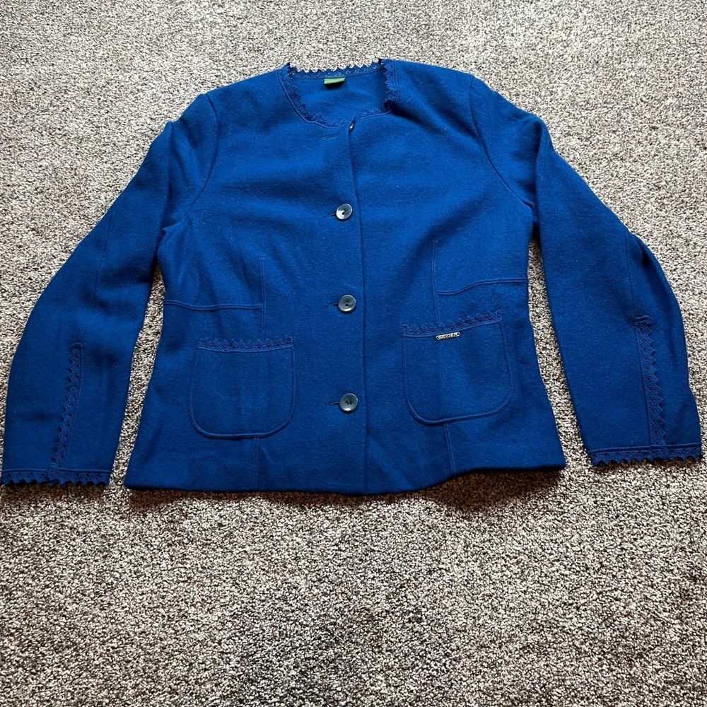 Geiger Jacket Womens s Blue Wool Blend Lace Trim Blazer vintage pockets